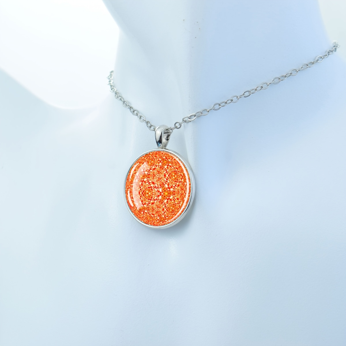 Orange Speckled Design Round Dome Pendant Necklace
